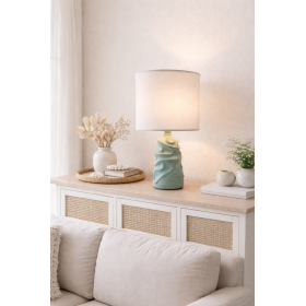 Lampa stołowa, dekoracyjna podstawa z fakturą, biały klosz, E27