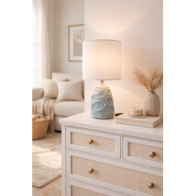 Lampa stołowa, dekoracyjna podstawa z fakturą, biały klosz, E27