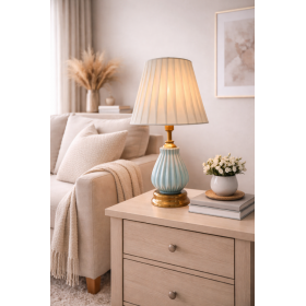 Lampa stołowa 47 cm – plisowany klosz, dekoracyjna podstawa, E27